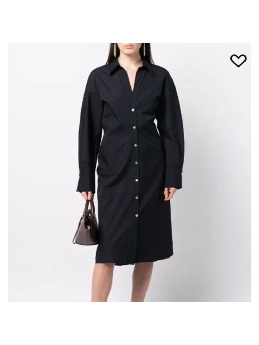 VINCE Pointed Collar Cotton Shirt Dress Medium Black Midi Minimalist Work $368